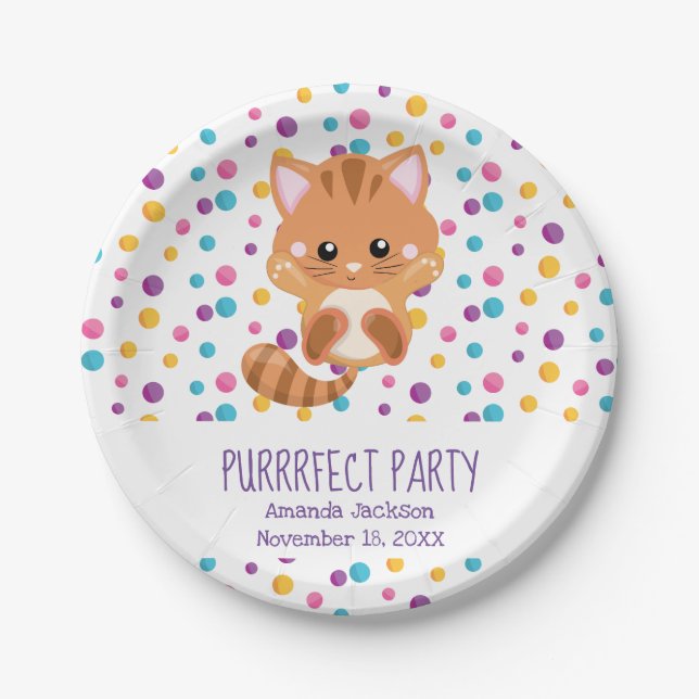 Rainbow Confetti Cute Cat Puurfect Birthday Party Paper Plates (Front)