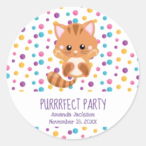 Rainbow Confetti Cute Kitty Birthday Party Classic Round Sticker