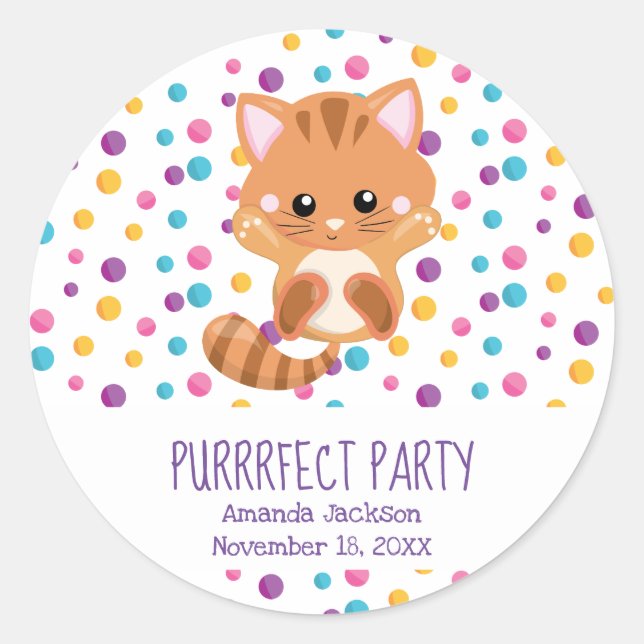 Rainbow Confetti Cute Kitty Birthday Party Classic Round Sticker (Front)