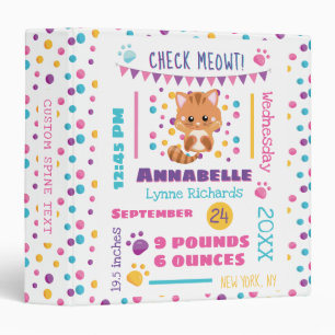 Rainbow Confetti Cute Kitty Cat Baby Birth Stats 3 Ring Binder