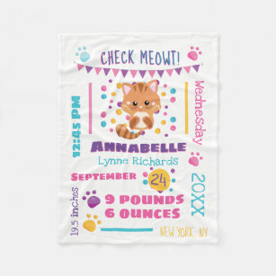 Rainbow Confetti Cute Kitty Cat Baby Birth Stats Fleece Blanket