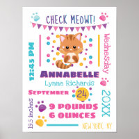 Rainbow Confetti Cute Kitty Cat Baby Birth Stats Poster