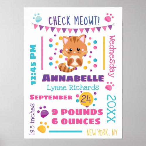 Rainbow Confetti Cute Kitty Cat Baby Birth Stats Poster