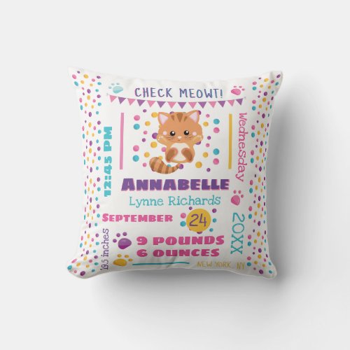 Rainbow Confetti Cute Kitty Cat Baby Birth Stats Throw Pillow