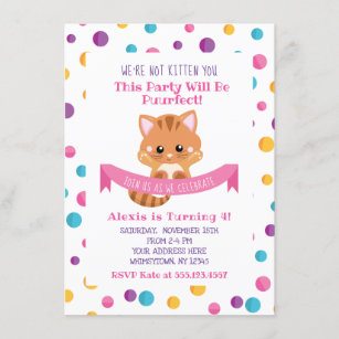 Rainbow Confetti Cute Kitty Cat Birthday Party Invitation