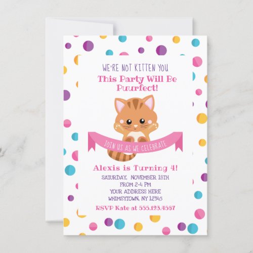 Rainbow Confetti Cute Kitty Cat Birthday Party Invitation