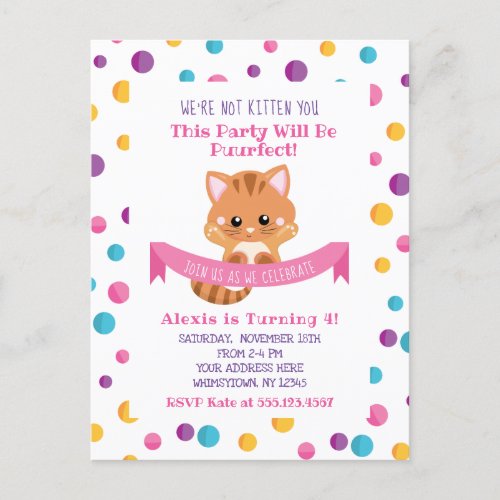 Rainbow Confetti Cute Kitty Cat Birthday Party Invitation Postcard