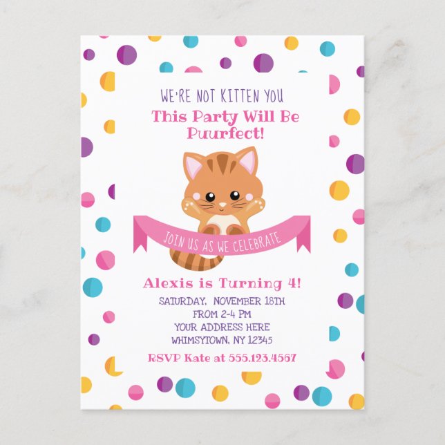 Rainbow Confetti Cute Kitty Cat Birthday Party Invitation Postcard (Front)