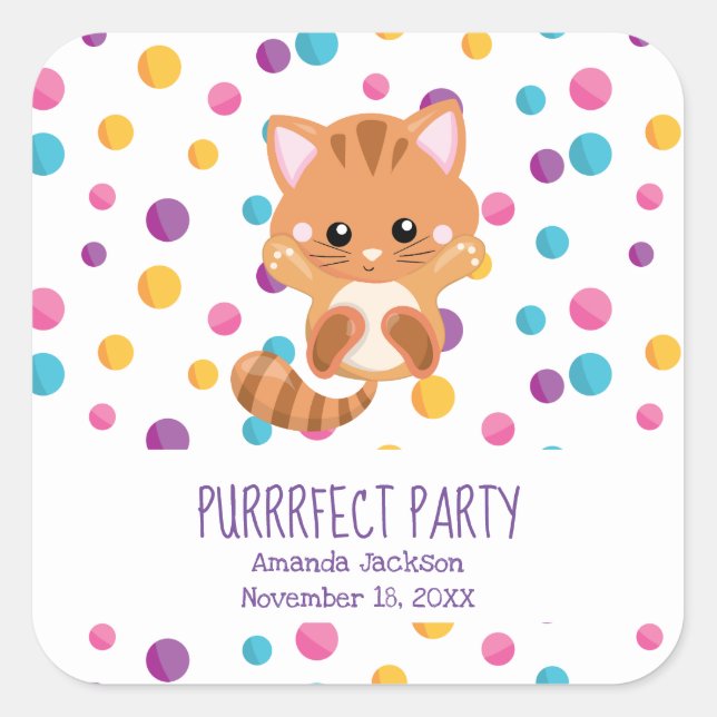 Rainbow Confetti Cute Kitty Cat Birthday Party Square Sticker (Front)
