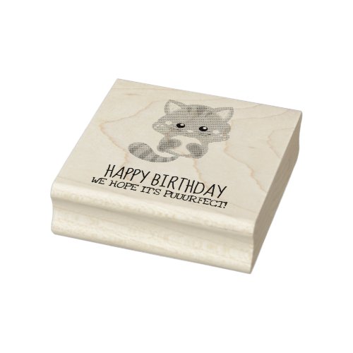 Rainbow Confetti Cute Kitty Cat Happy Birthday Rubber Stamp