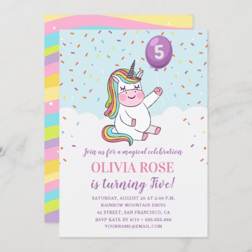 Rainbow Confetti Cute Pink Unicorn Birthday Party Invitation