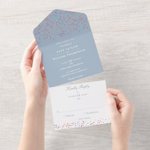 Rainbow Confetti Dusty Blue Monogram Wedding All In One Invitation