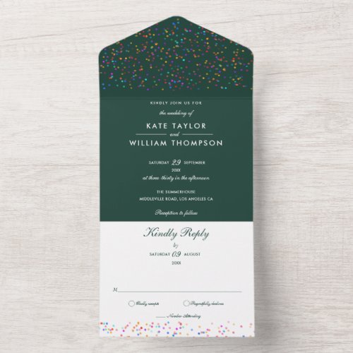 Rainbow Confetti Emerald Green Monogram Wedding All In One Invitation