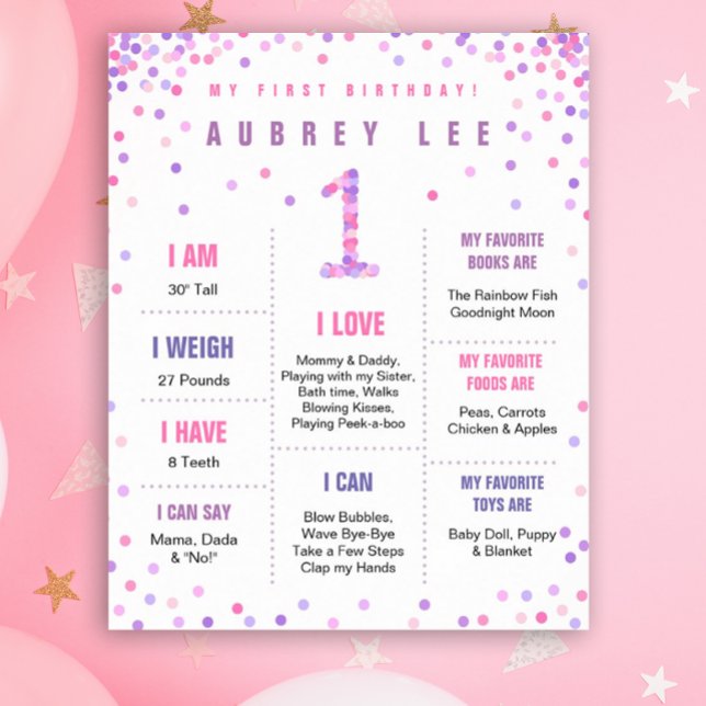Rainbow Confetti first birthday poster (Milestone poster in pink and purple for your baby girl's first birthday!)