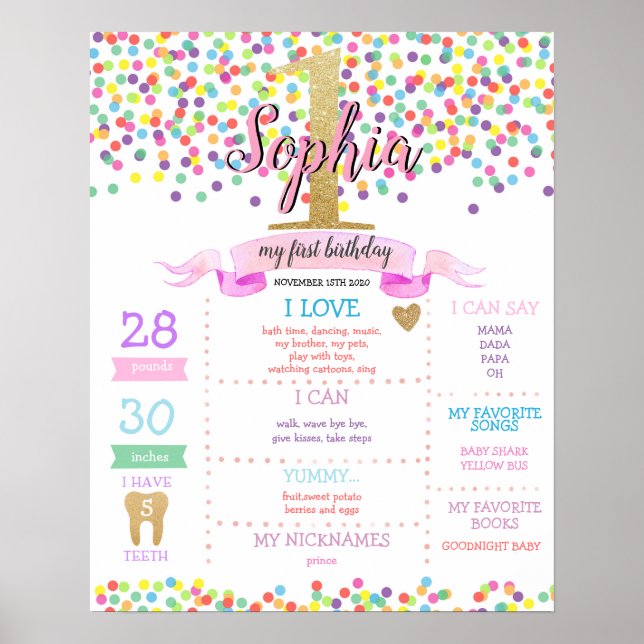 Rainbow Confetti Girl First Birthday Milestone Poster (Front)
