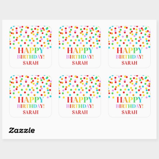 Rainbow Confetti Happy Birthday Square Sticker | Zazzle