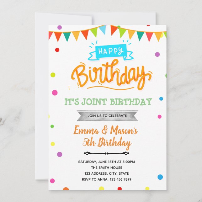 Rainbow confetti joint birthday  invitation (Front)