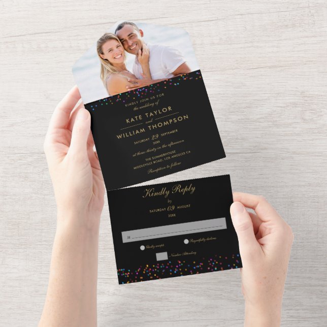 Rainbow Confetti Monogram Black Gold Photo Wedding All In One Invitation (Tearaway)