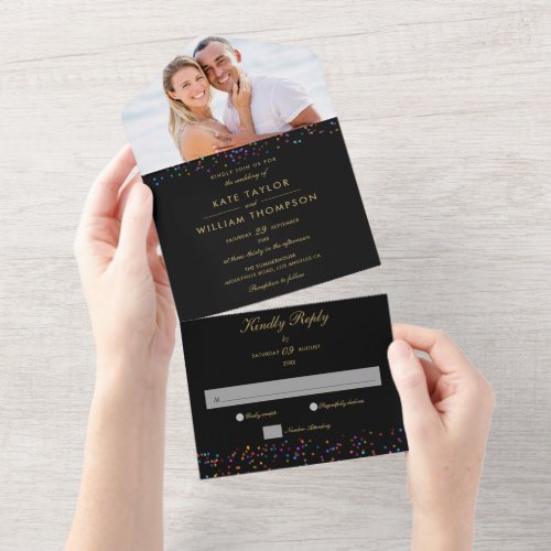 Rainbow Confetti Monogram Black Gold Photo Wedding All In One Invitation