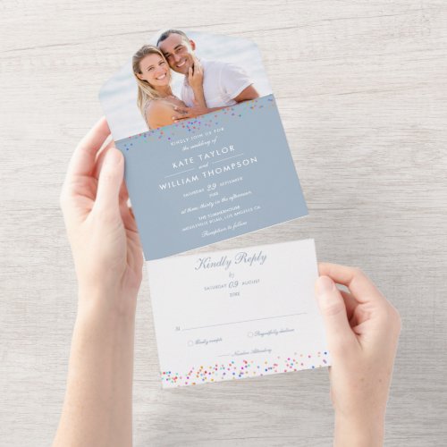 Rainbow Confetti Monogram Photo Dusty Blue Wedding All In One Invitation