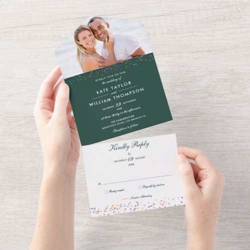 Rainbow Confetti Monogram Photo Emerald Wedding All In One Invitation