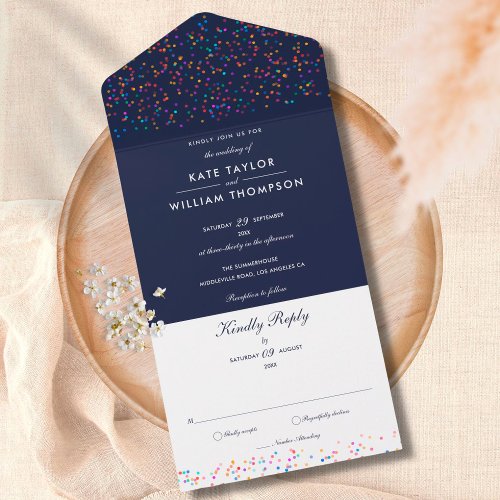 Rainbow Confetti Navy Blue Monogram Wedding All In One Invitation