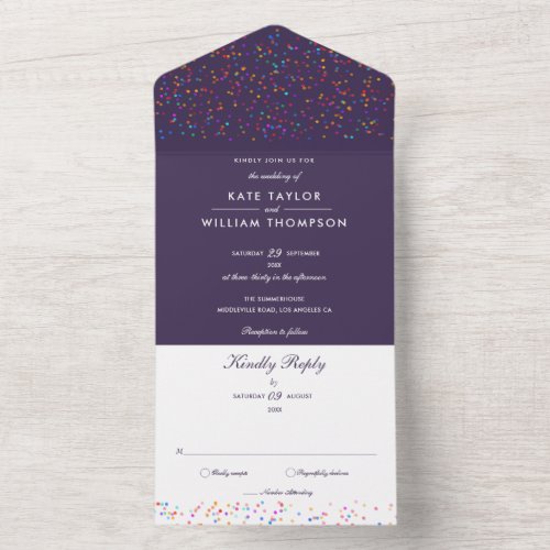 Rainbow Confetti Purple Monogram Wedding All In One Invitation