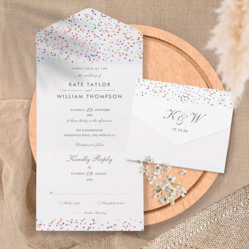 Rainbow Confetti Script Monogram Wedding All In One Invitation