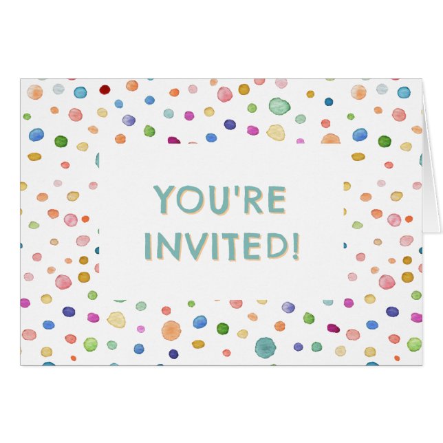 Rainbow Confetti Watercolor Dots Birthday Invite (Front Horizontal)