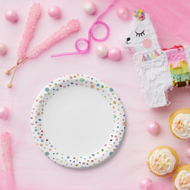 Rainbow Confetti Watercolor Dots Paper Plate (Party)