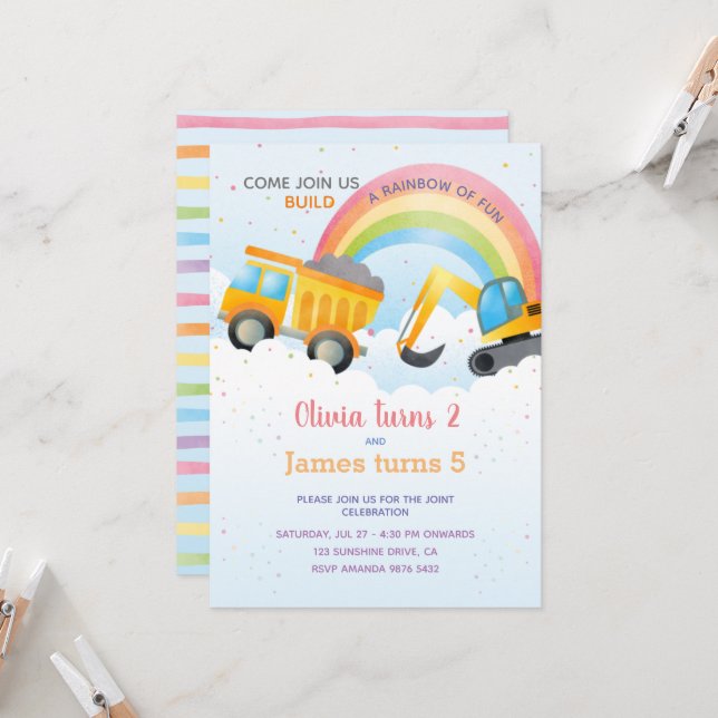 Rainbow & Construction Joint Birthday Party Invitation (Front/Back In Situ)