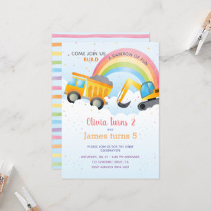 Rainbow & Construction Joint Birthday Party Invitation