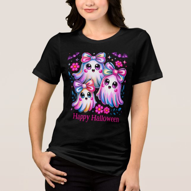 Rainbow Coquette Ghosts Hot Pink Happy Halloween Tri-Blend Shirt (Front)
