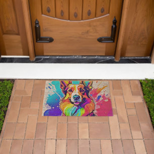 Rainbow Corgi: Pop Art Puppy Joy Fiber Doormat