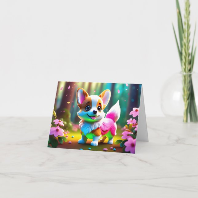 Rainbow Corgi Puppy in Flowers Blank Greeting  Card (Front)