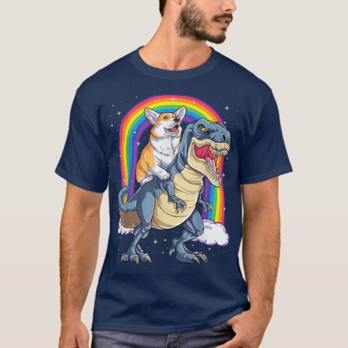 Rainbow Corgi Riding Dinosaur T re Cute Corgi Dog  T_Shirt