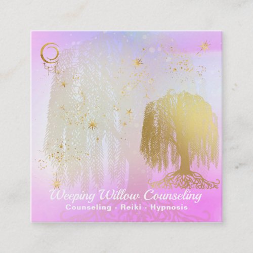  Rainbow Cosmic Willow Tree Moon Gold Square Business Card