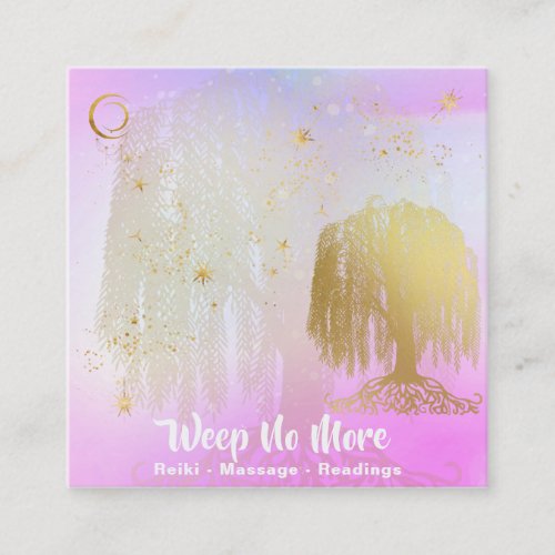 *~* Rainbow Cosmic Willow Tree Moon Gold Square Business Card