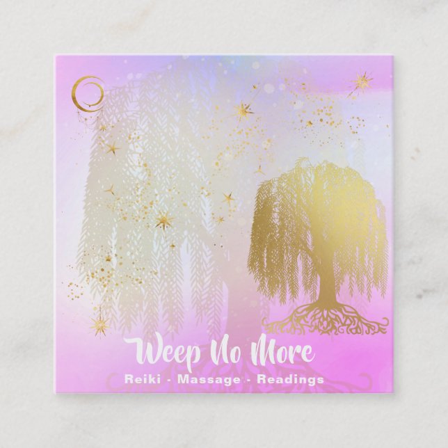 *~* Rainbow Cosmic Willow Tree Moon Gold Square Business Card (Front)