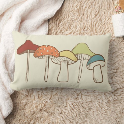 Rainbow Cottagecore Mushrooms Illustrated Lumbar Pillow
