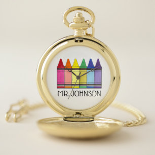 Rainbow Crayon Personalized Art School Teacher Pocket Watch