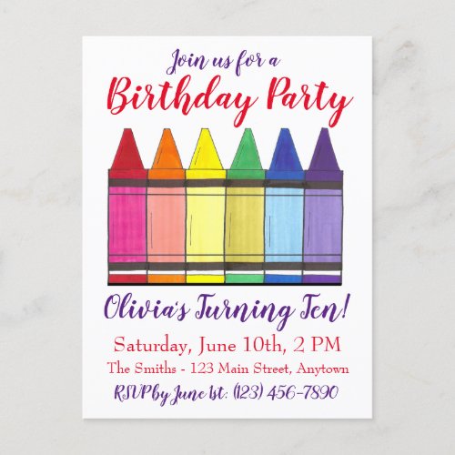 Rainbow Crayons Artist Art Childs Birthday Party Invitation Postcard
