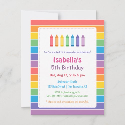 Rainbow Crayons Arts Crafts Kids Birthday Party Invitation