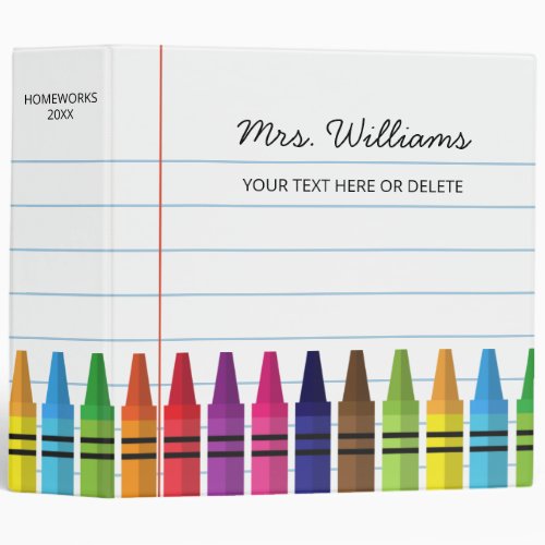 Rainbow Crayons Elementary School Teacher 3 Ring Binder