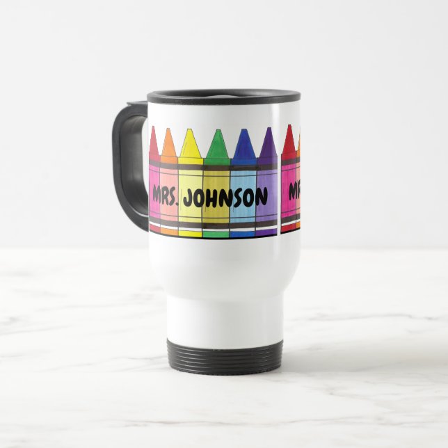 Rainbow Crayons Personalized School Art Teacher Travel Mug (Front Left)