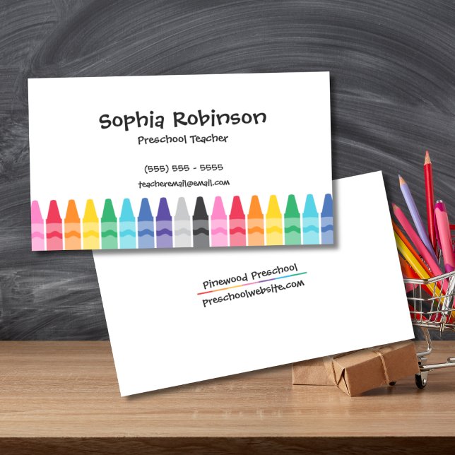 Rainbow Crayons Preschool Elementary Teacher Business Card (Teacher Business Cards)