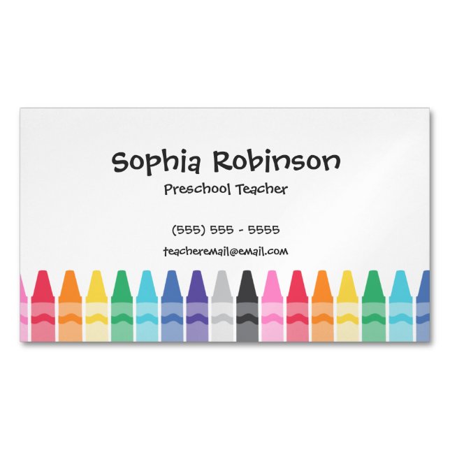 Rainbow Crayons Preschool Elementary Teacher Business Card Magnet (Front)