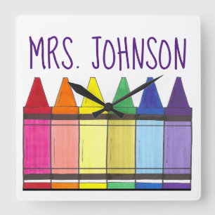 Rainbow Crayons School Teacher Art Supplies Pride Square Wall Clock