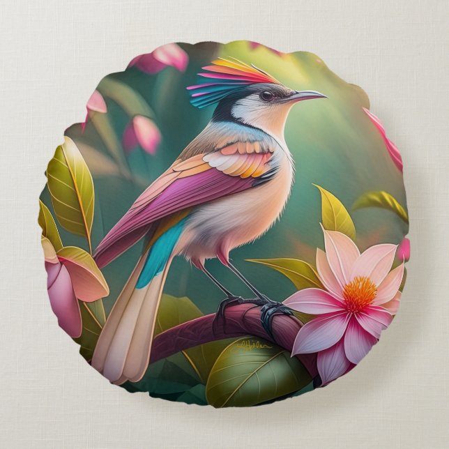 Rainbow crested Jay Fantasy Bird Round Pillow (Front)