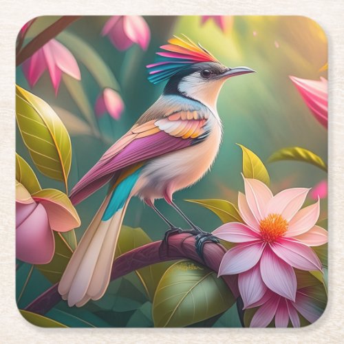 Rainbow crested Jay Fantasy Bird Square Paper Coaster